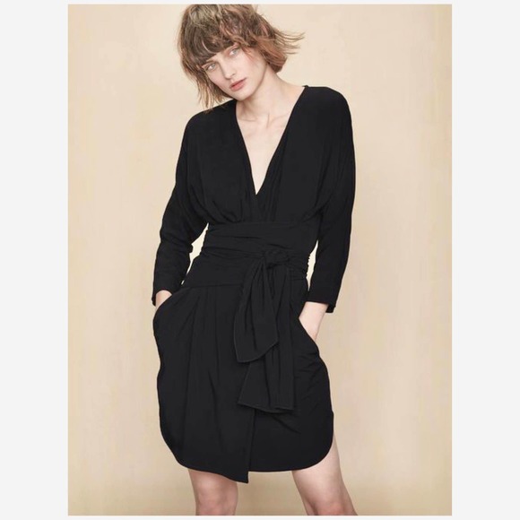 Maje Dresses & Skirts - Maje Black Roly Wrap Mini Dress 3/4 Sleeve Pockets Size S
